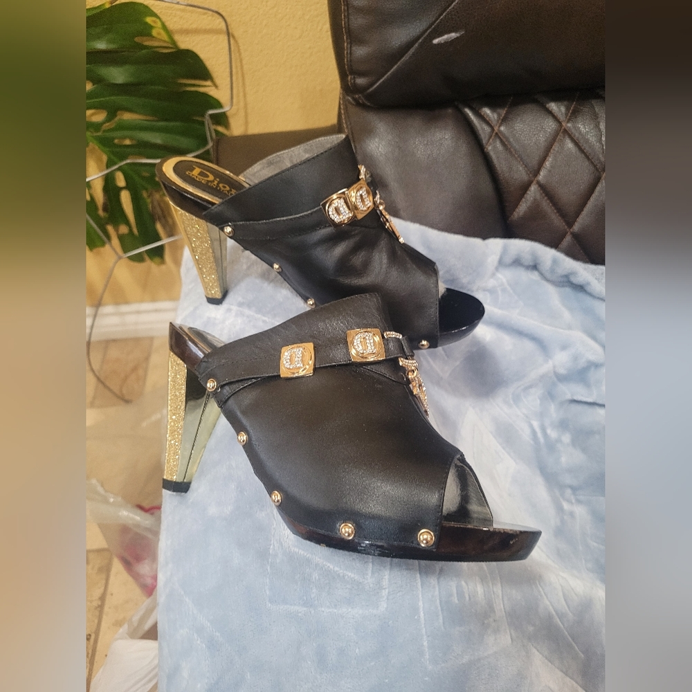 Dior Black Leather Mules with Gold Accent Heels - Picture 12 of 15